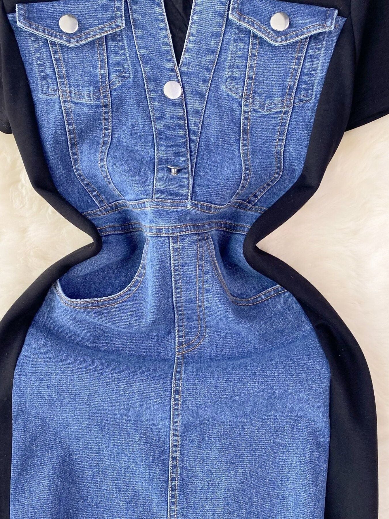 Full Size Denim Patchwork Short Sleeve Slit Back Dress Plus Size