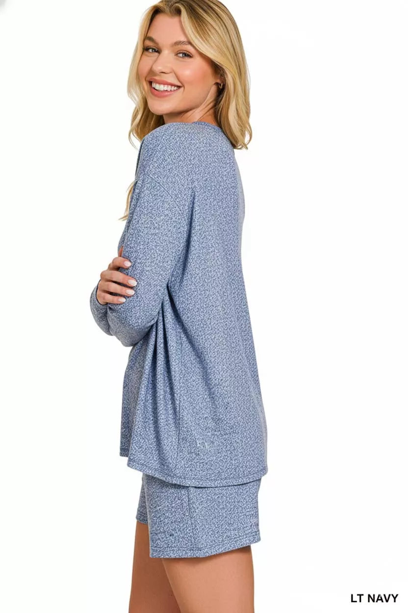 Zenana Soft Melange Long Sleeve Tee and Shorts Set