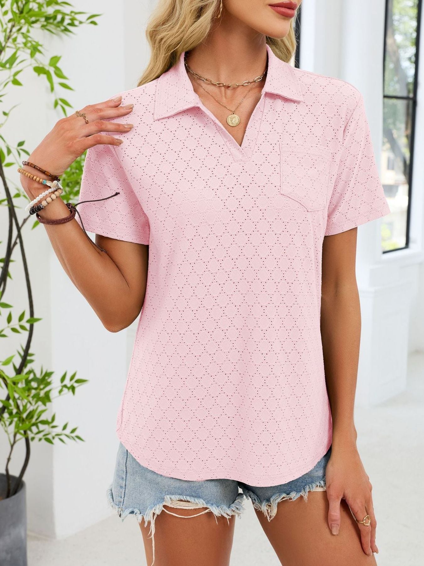 Eyelet Short Sleeve Blouse