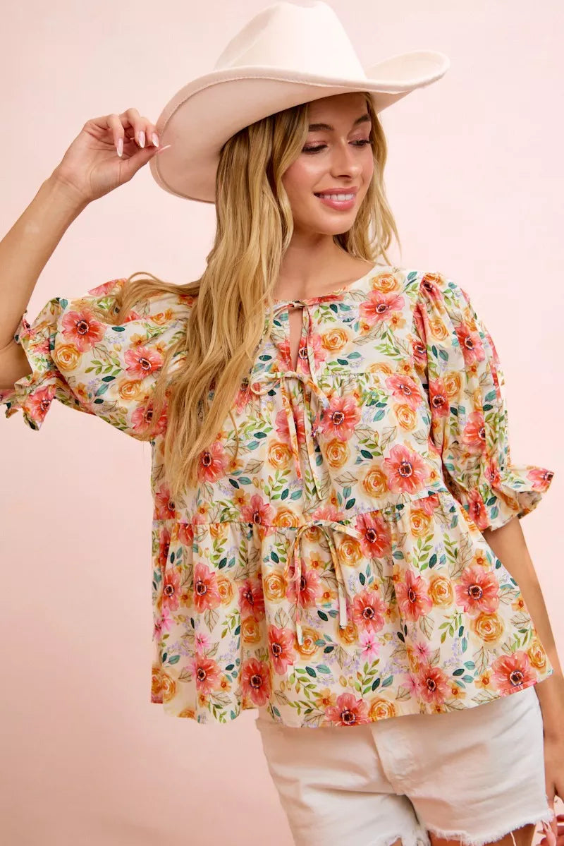 BiBi Flower Printed Shirring Detail Blouse Top