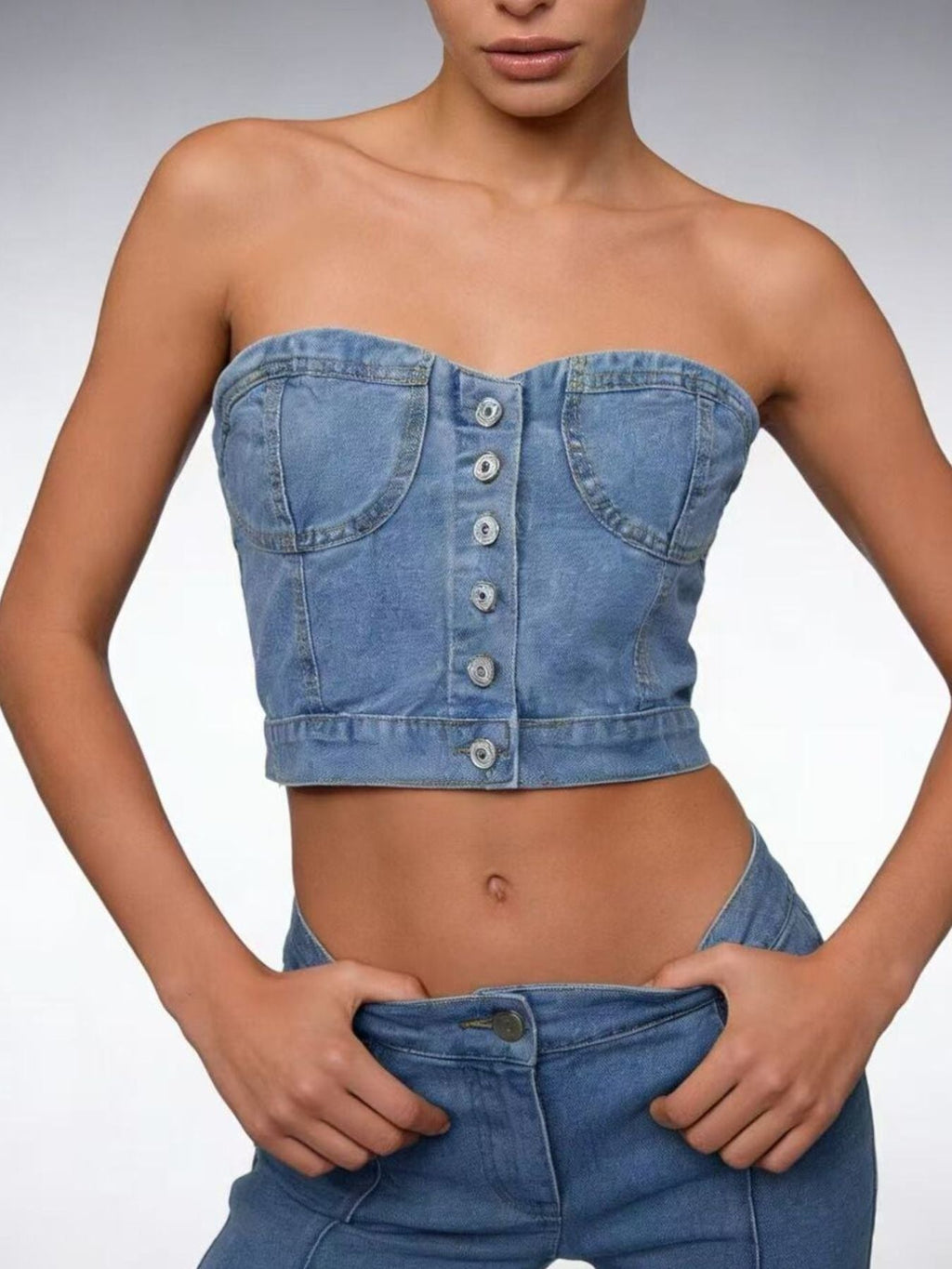 Button-Front Denim Tube Top