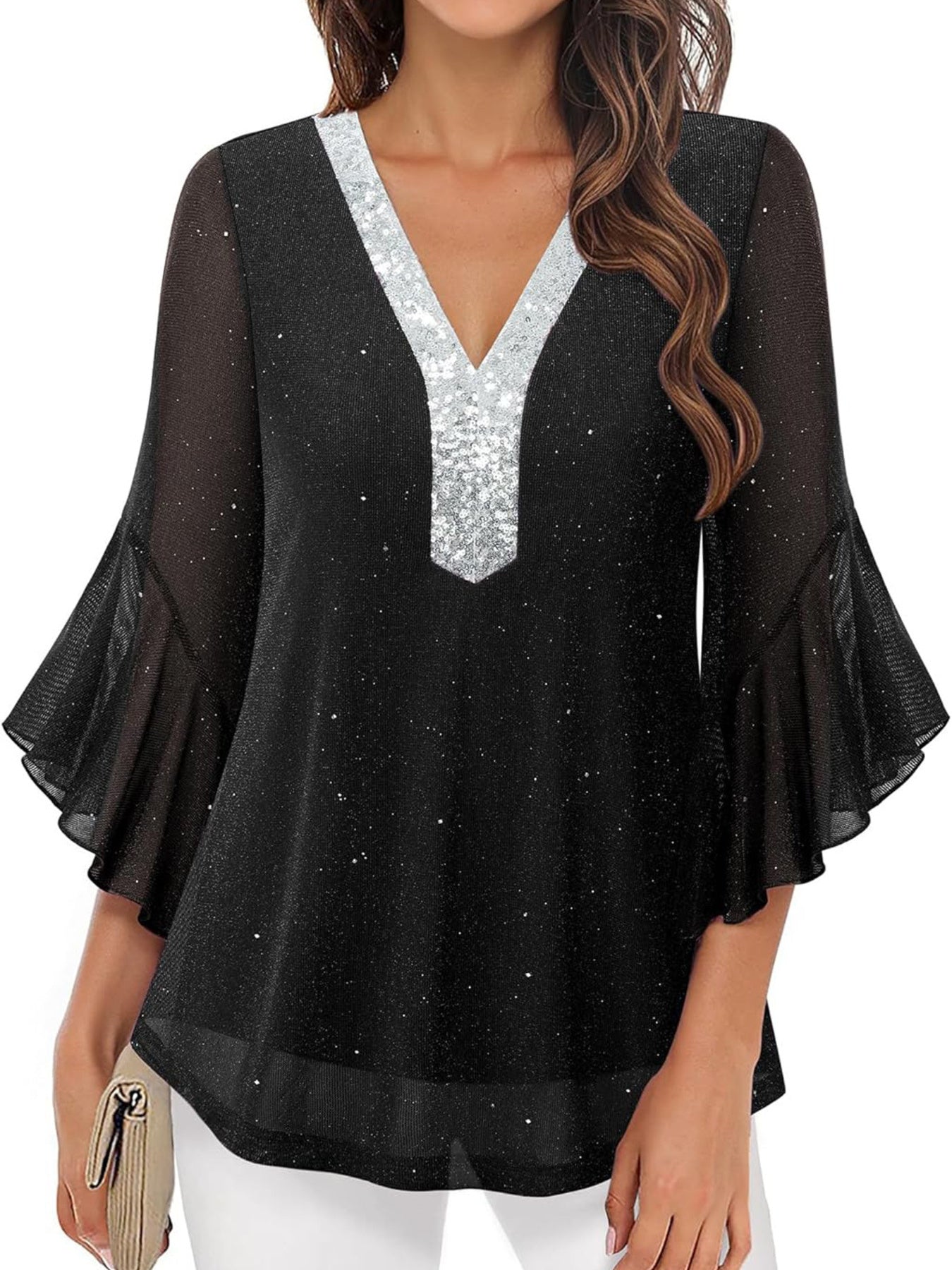 Sequin V-Neck Flounce Sleeve Blouse