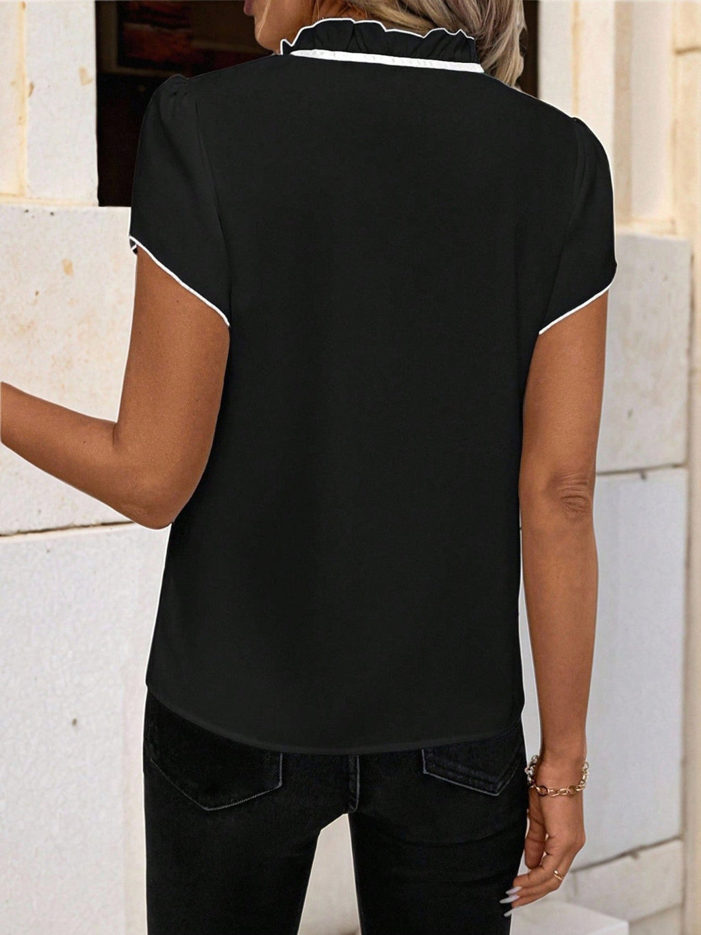 Tie Neck Short Sleeve Blouse