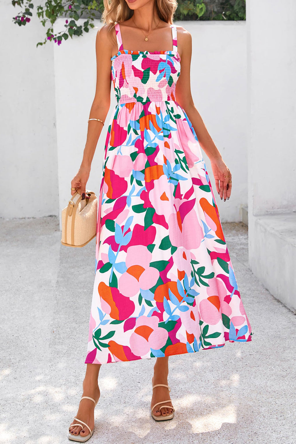 Abstract Floral Smocked High Waist Maxi Sundress