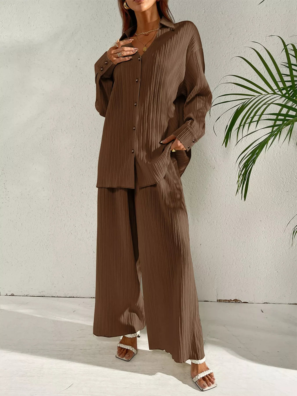 Long Sleeve Shirt & Wide Leg Pants Set