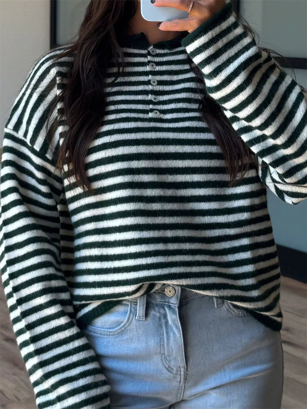 Button Detail Dropped Shoulder Striped Sweater