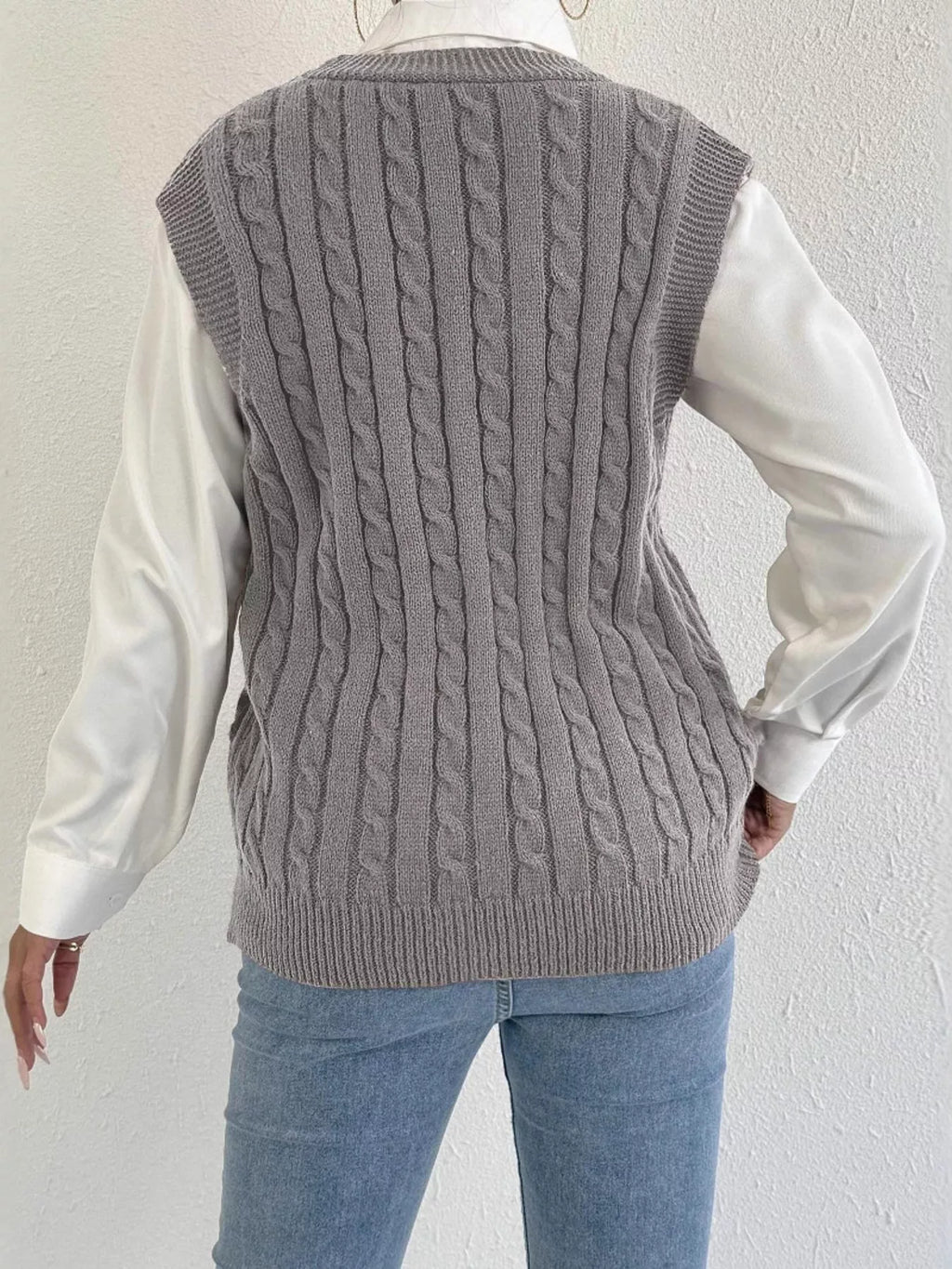 Cable-Knit Button-Up Sweater Vest