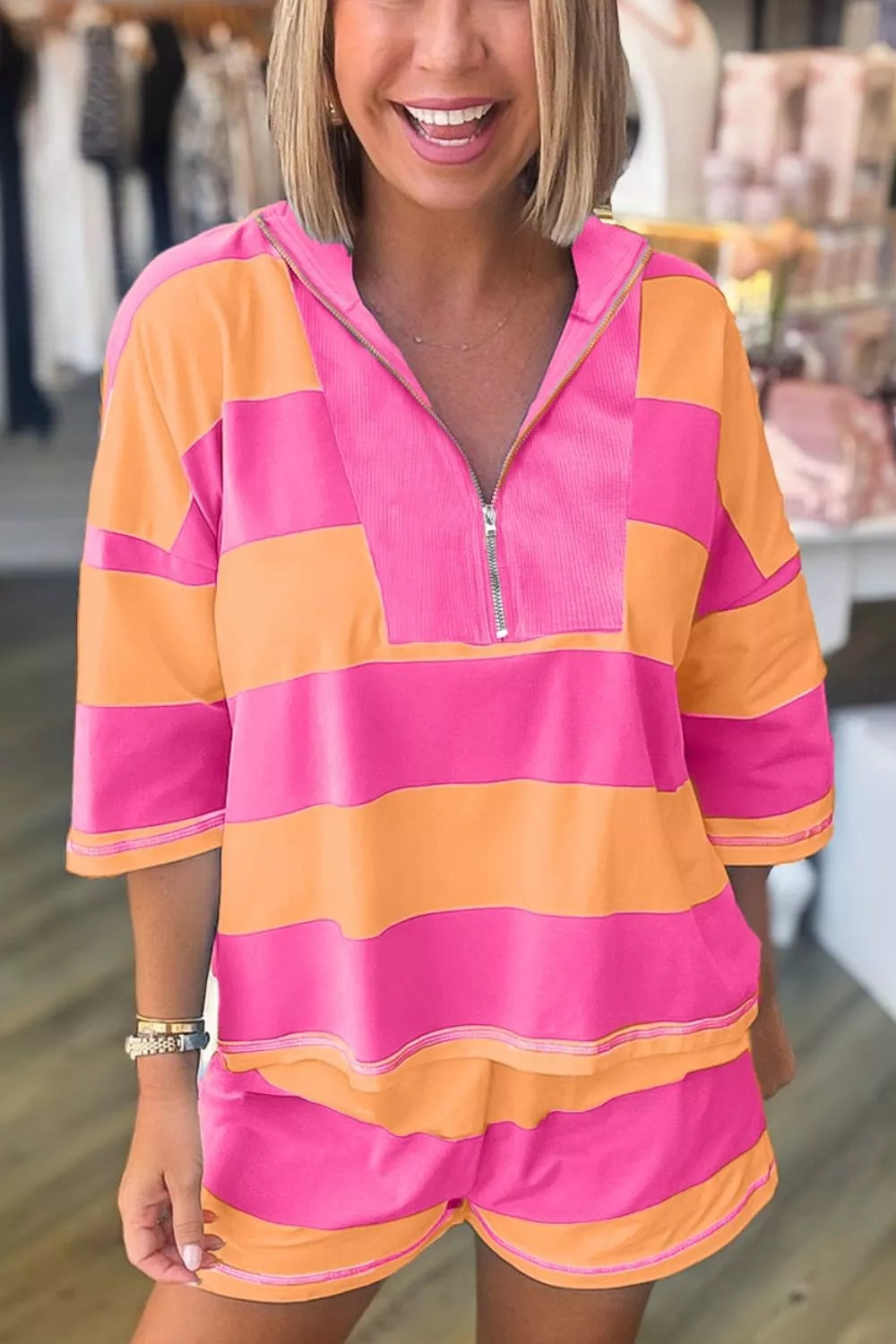 Stripe Long Sleeve Casual Top Drawstring Shorts 2pcs Set