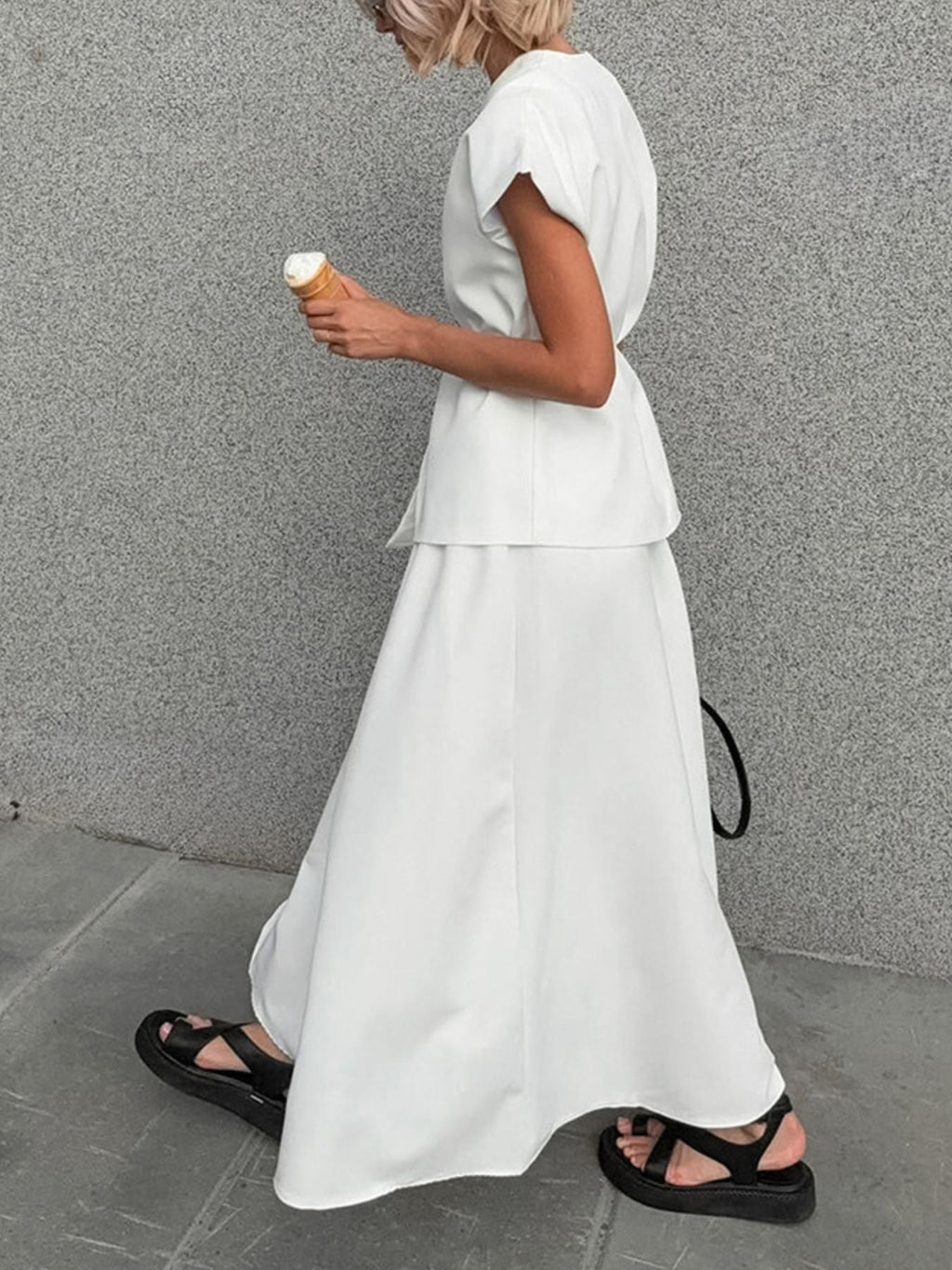 One Button Short Sleeve Top and Skirt Set