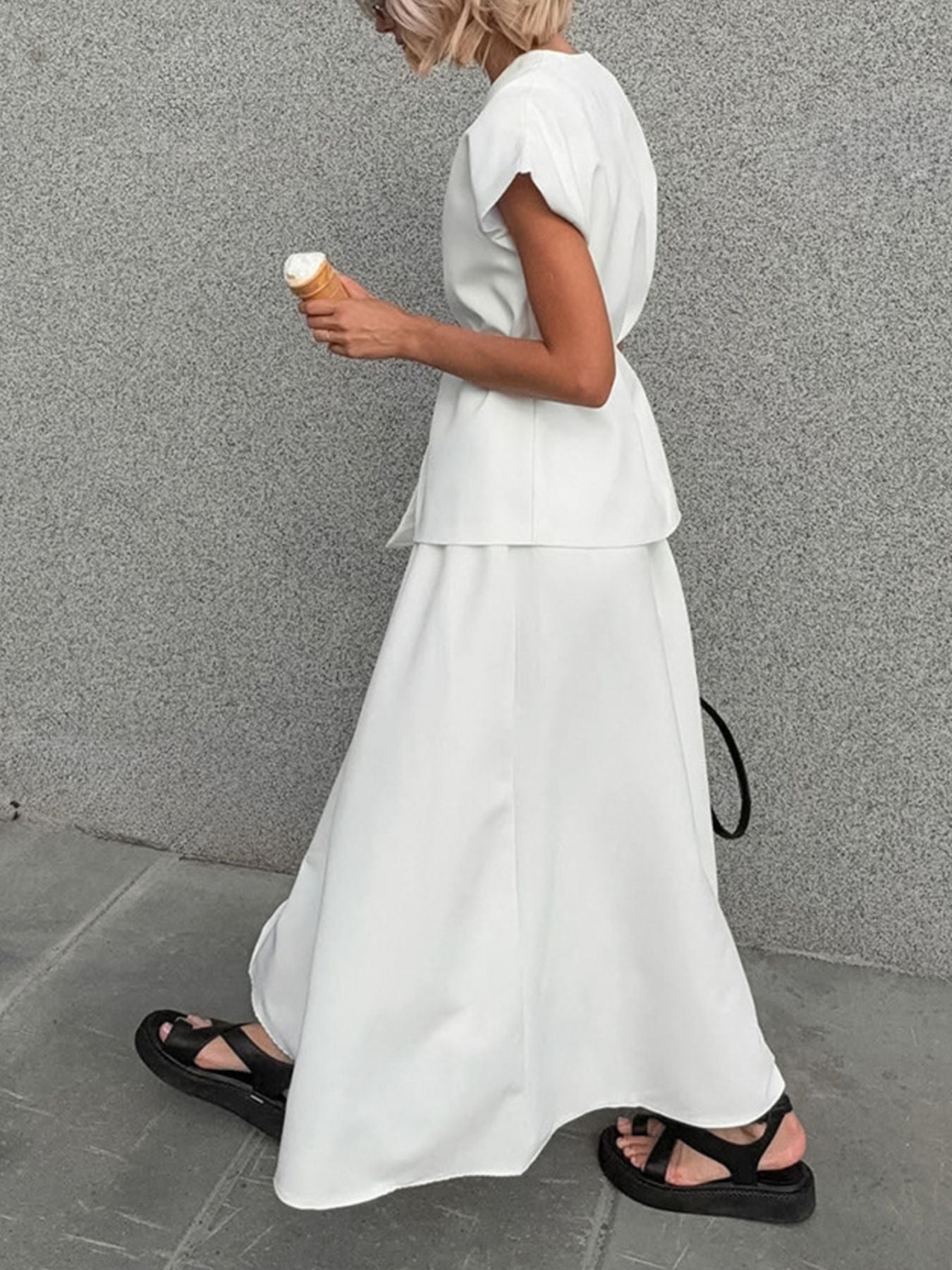One Button Short Sleeve Top and Skirt Set