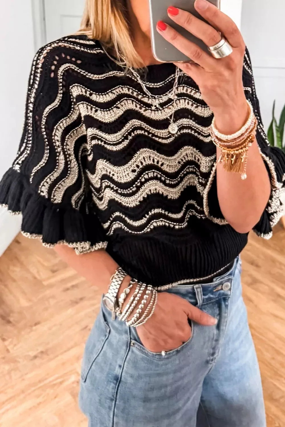 Wave Pattern Ruffle Sleeve Sweater