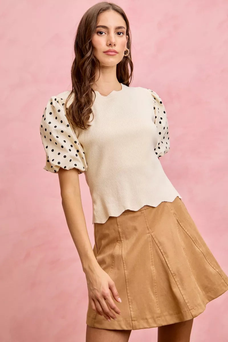 SO ME Polka Dot Contrast Woven Ballon Sleeve Blouse