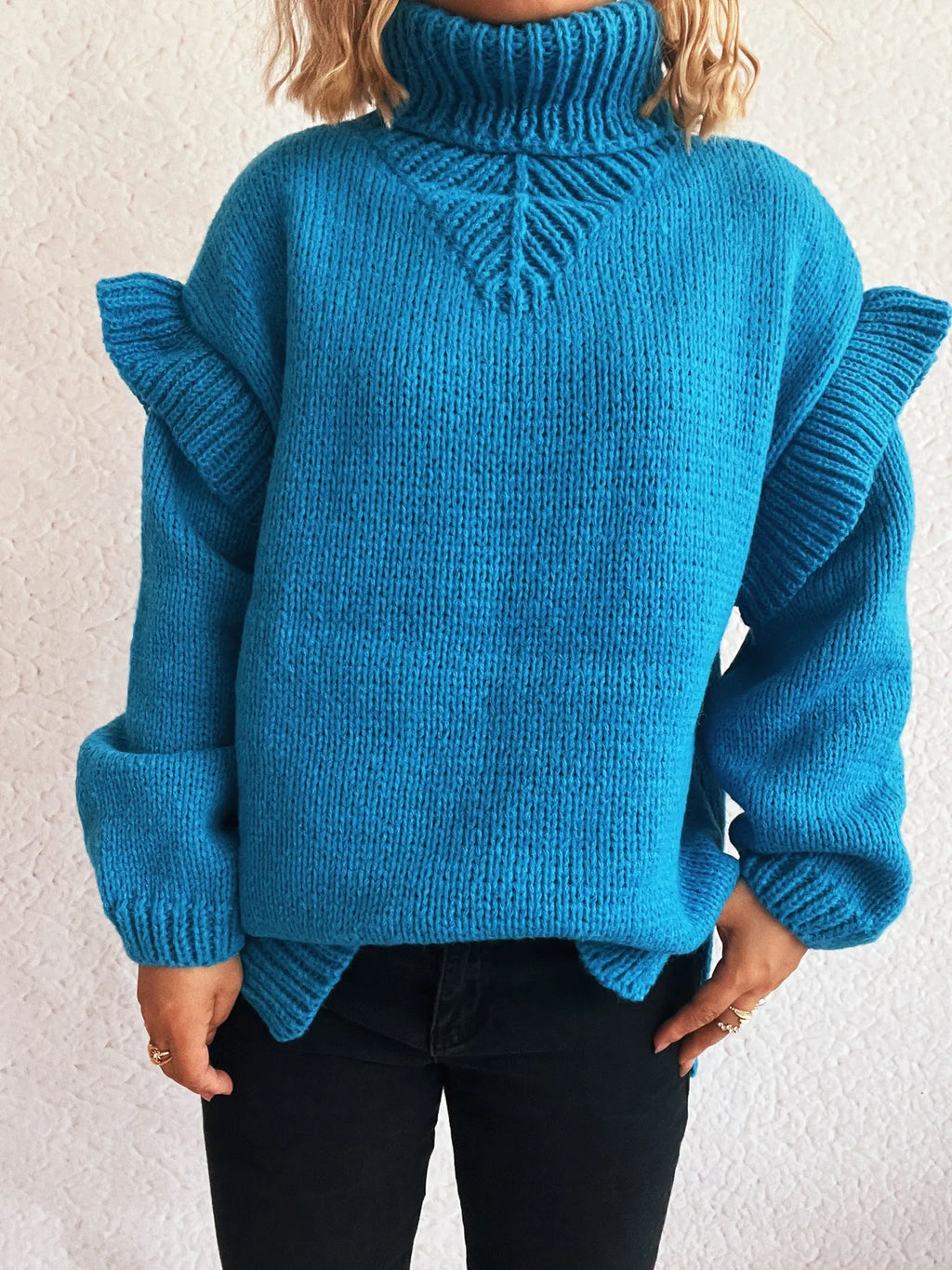 Ruffled Turtleneck Long Sleeve Sweater