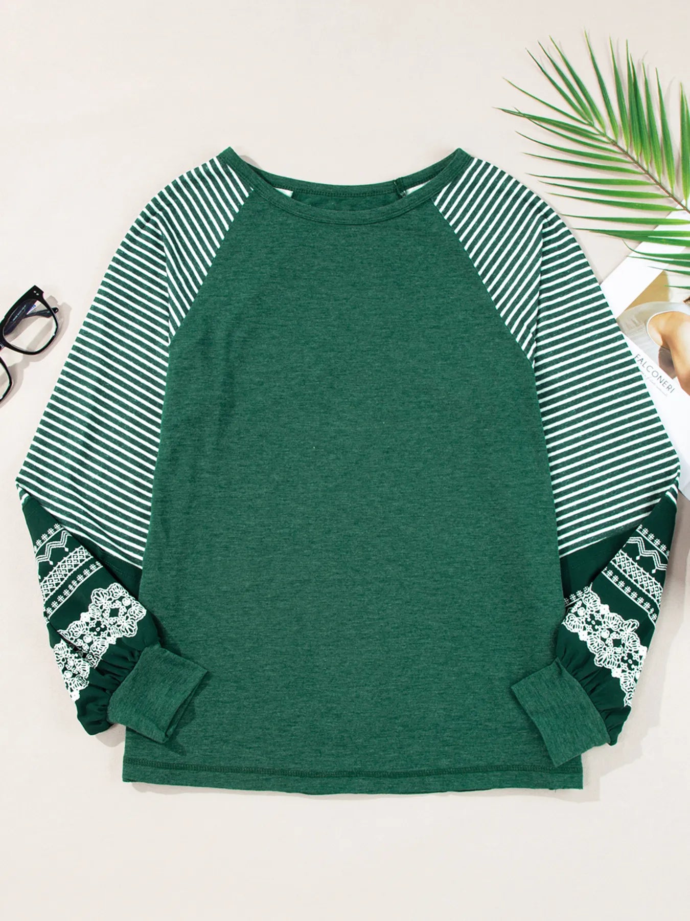 Contrast Print Striped Raglan Long Sleeve Loose Top
