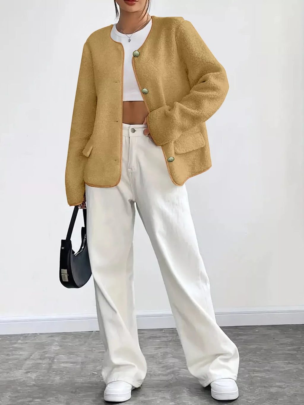 Full Size Textured Button-Up Fleece Outerwear Plus Size