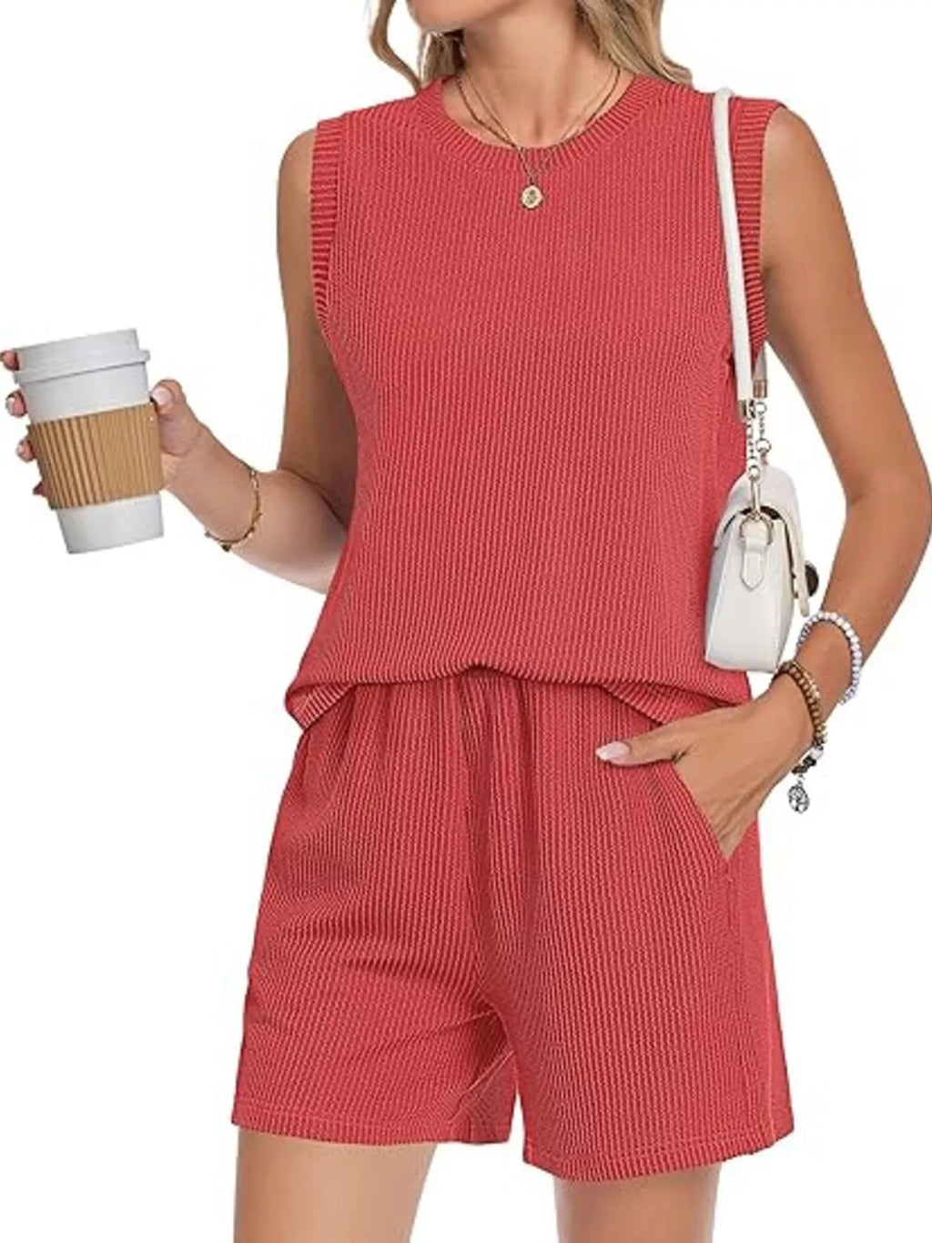 Casual Ribbed Knit Sleeveless Top and Shorts Set