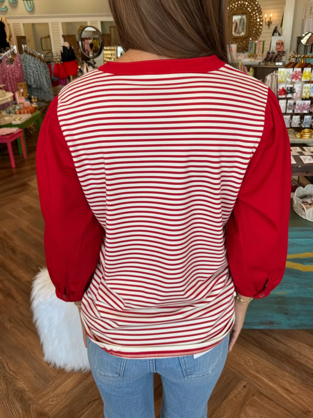 Striped Button-Detail Long Sleeve Top