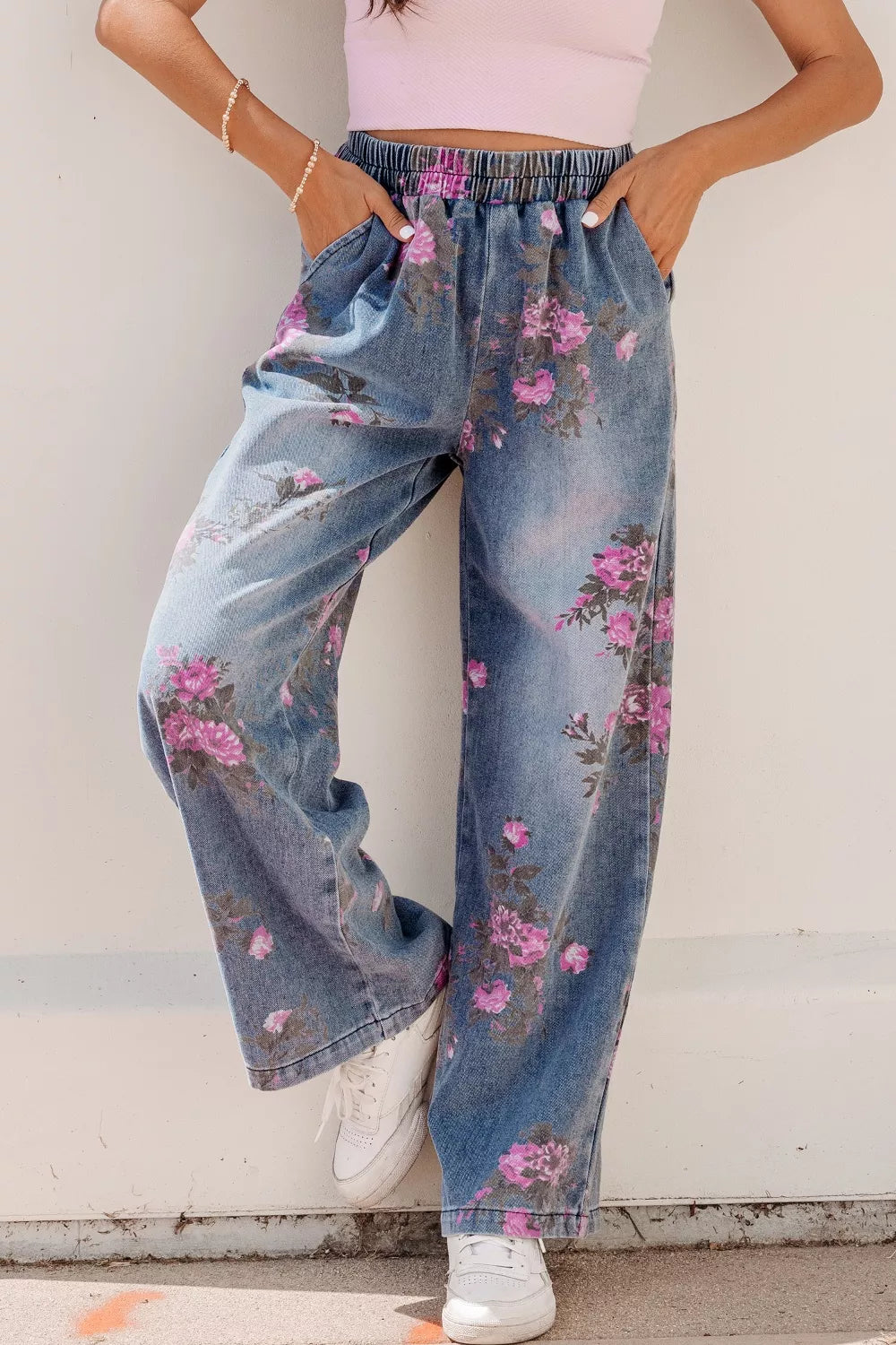 Floral Print Wide Leg Elastic Waist Jeans
