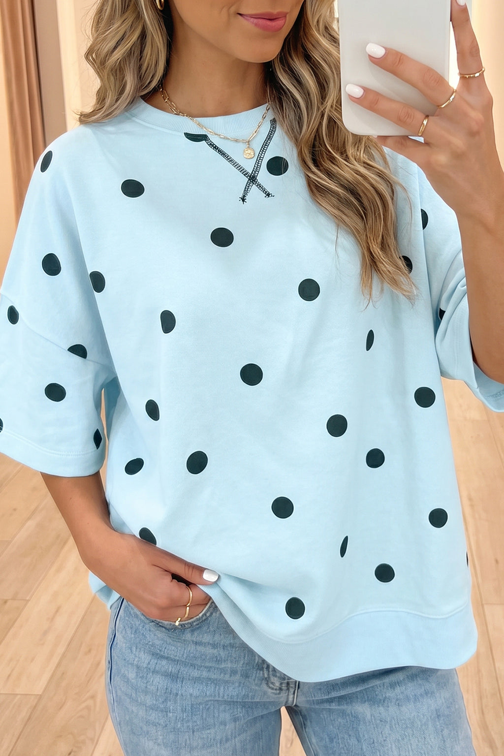 Sky Blue Polka Dot Print Crossed Seam Detail Oversize Tee