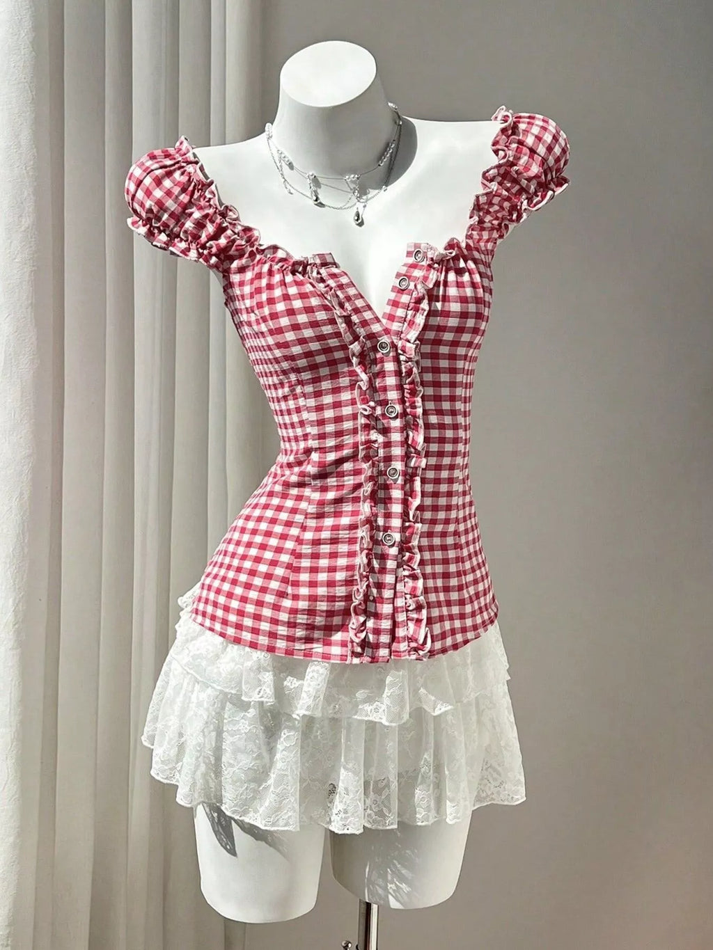 Frill Gingham Cap Sleeve Blouse