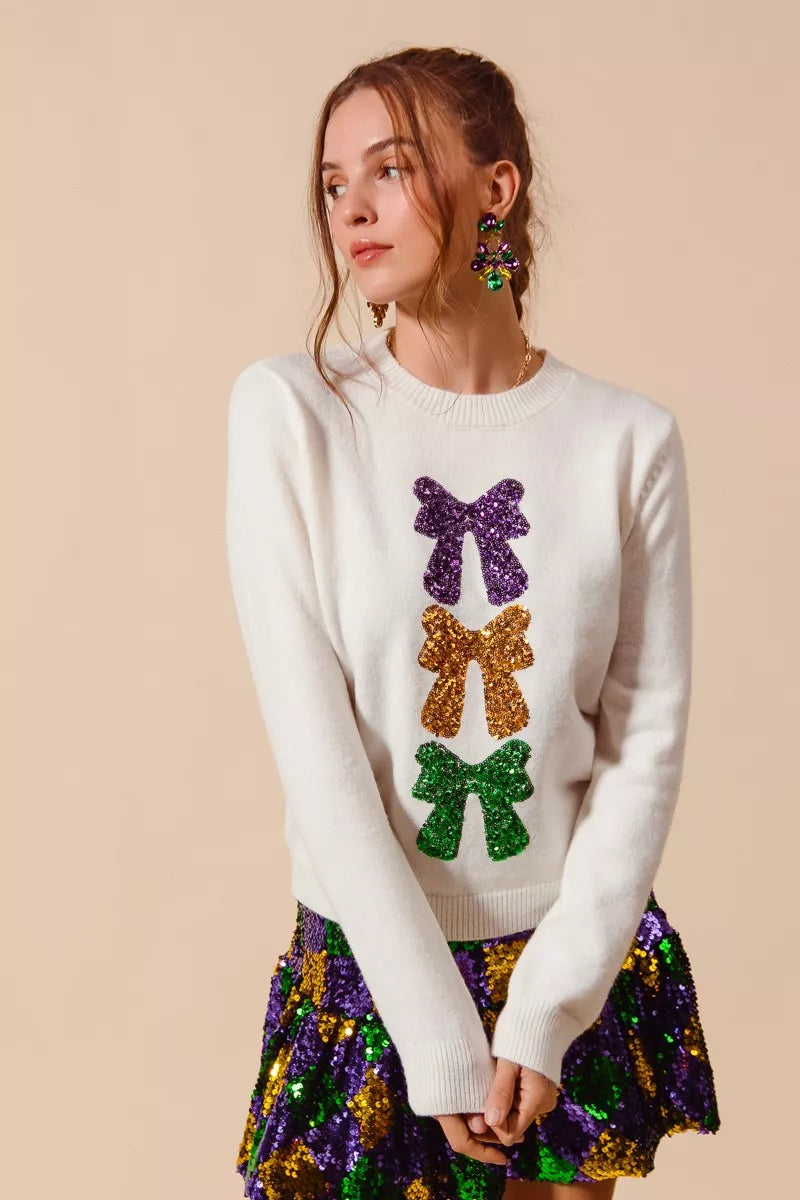 SO ME Mardi Gras Sequins Bow Ribbon Embellished Sweater