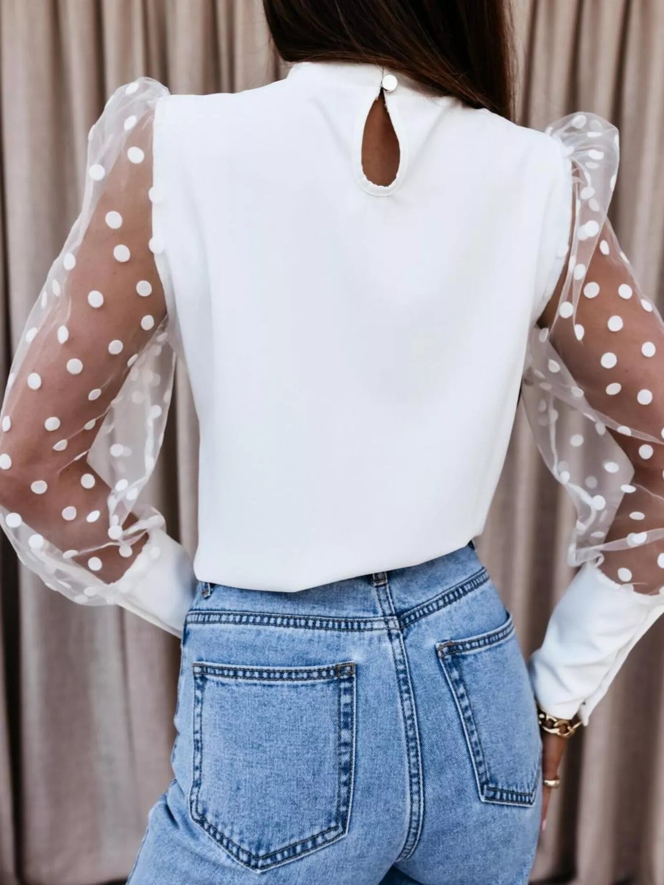 Polka Dot Mesh Sleeve Blouse