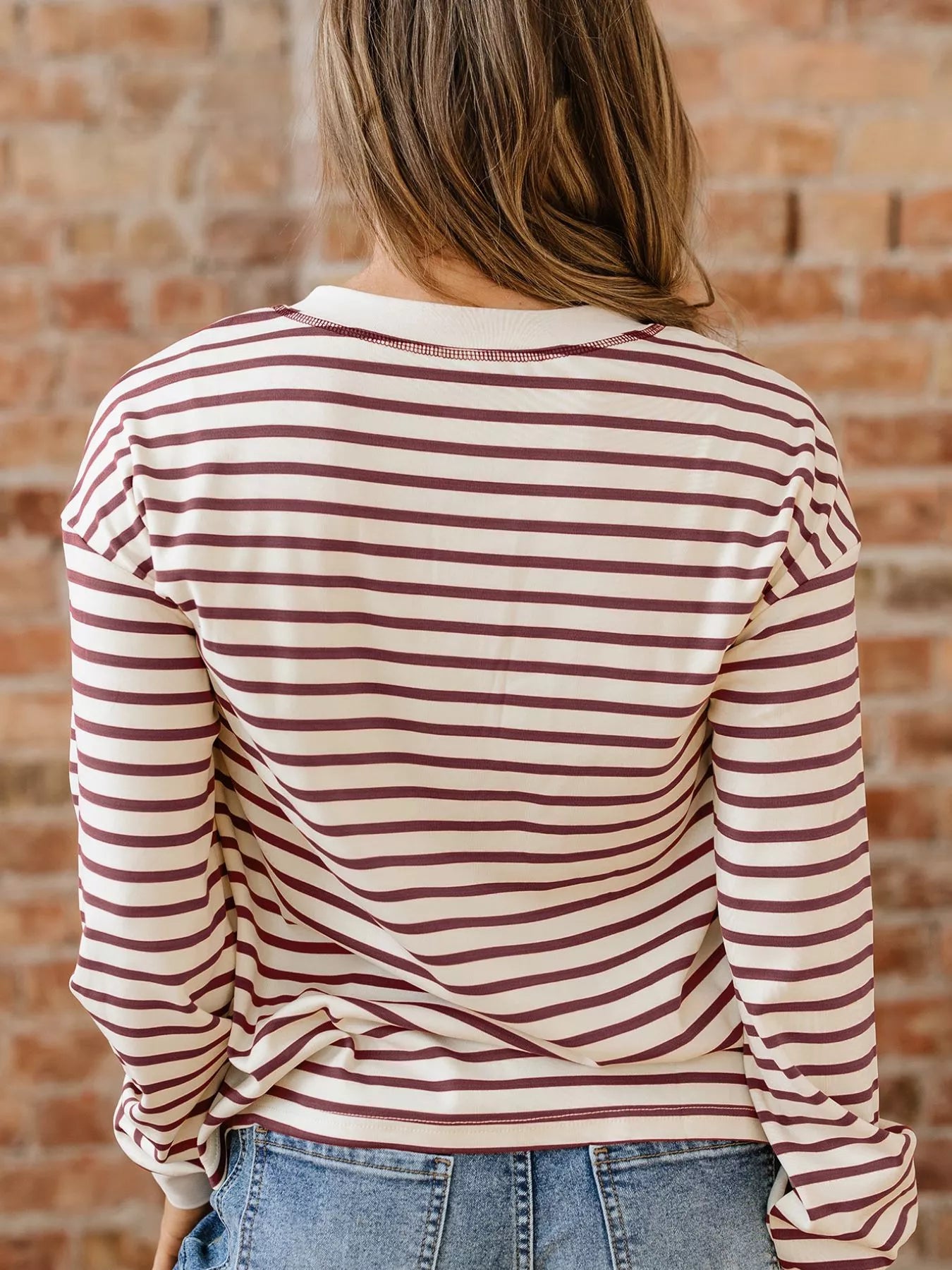 Striped Drop Shoulder Long Sleeve Henley Top