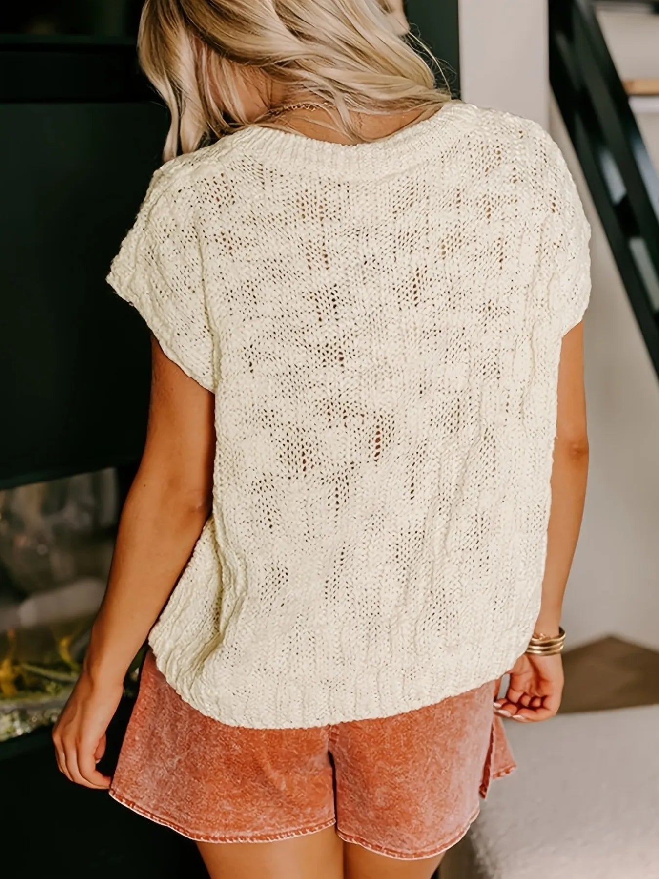 Notched Short Sleeve Sweater