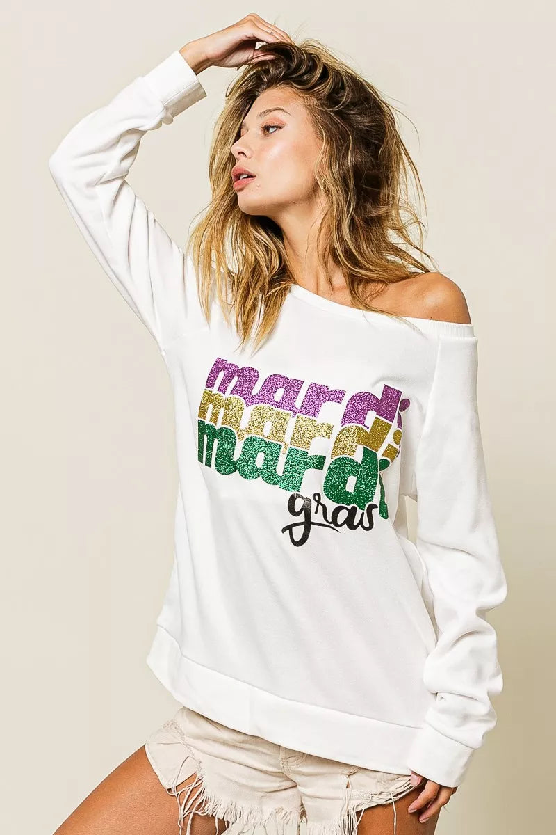 BiBi Mardi Gras Glitter Lettering Sweatshirt