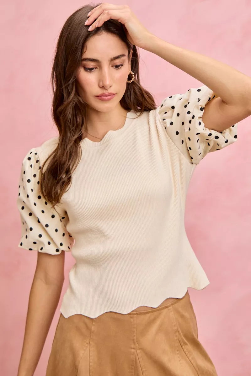 SO ME Polka Dot Contrast Woven Ballon Sleeve Blouse