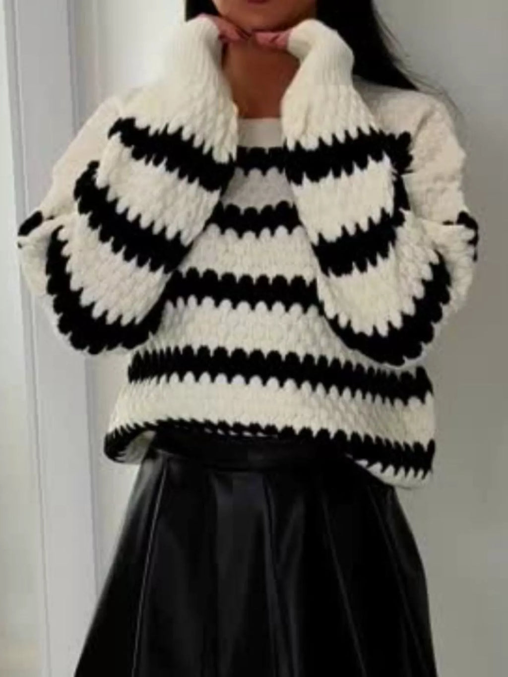 Striped Round Neck Dropped Shoulder Sweater