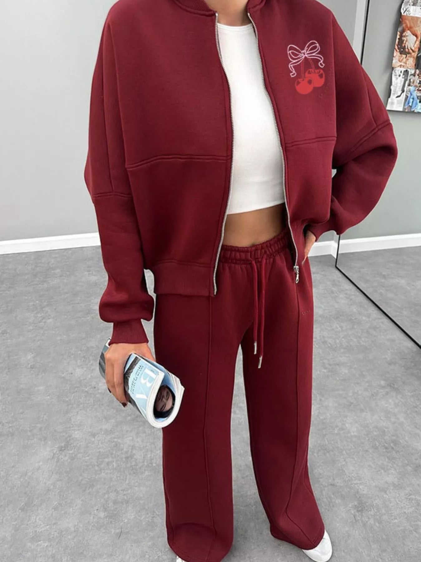 Zip Up Dropped Shoulder Outerwear and Pants Set