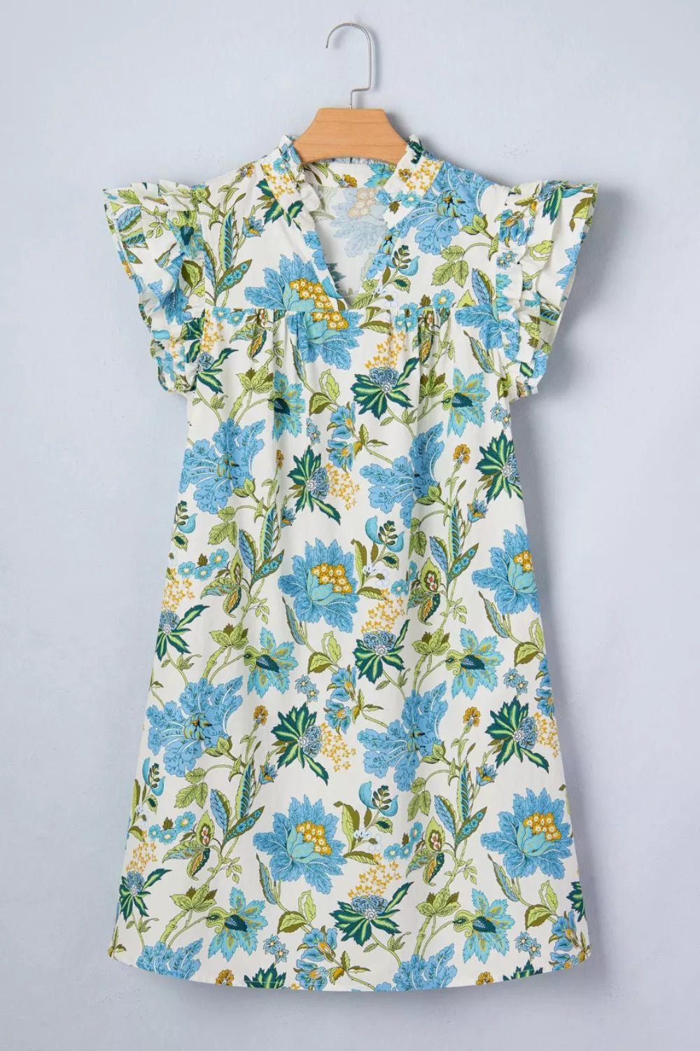 Floral Print V Neck Triple Ruffle Short Sleeve Shift Mini Dress