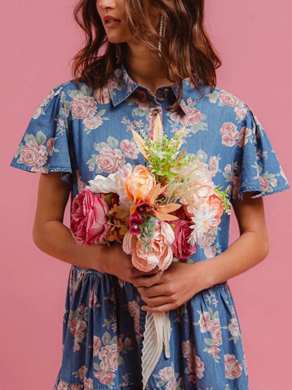 Floral Print Denim Button-Down Tiered Mini Dress