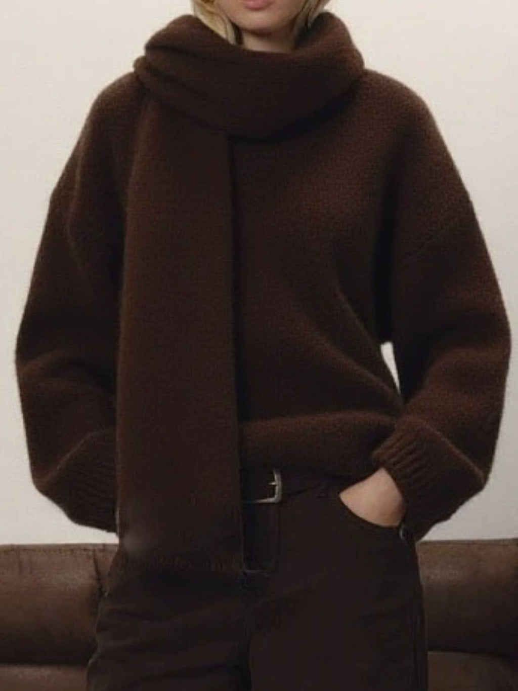 Oversized V-Neck Dropped Shoulder Sweater with Scarf