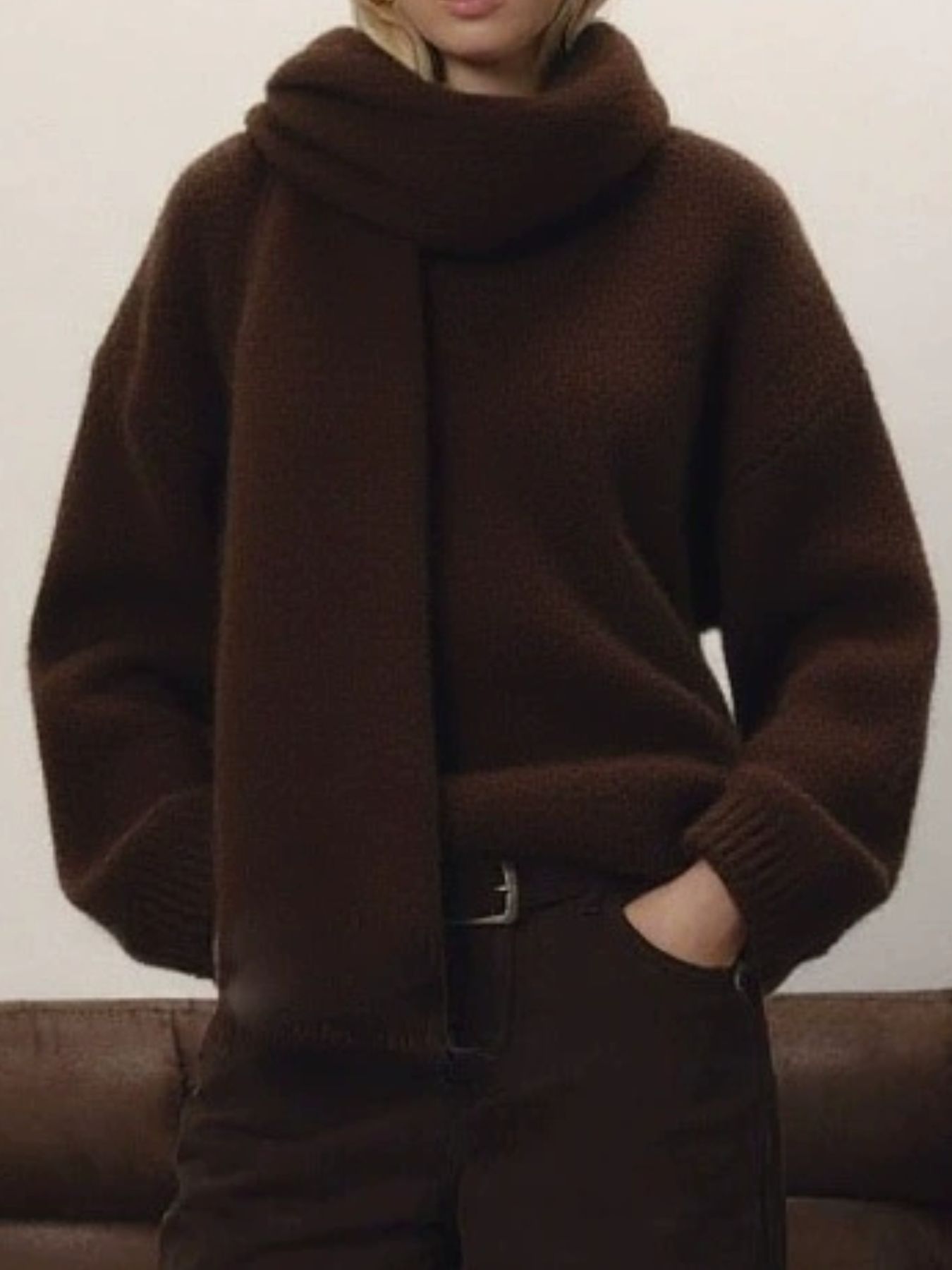 Oversized V-Neck Dropped Shoulder Sweater with Scarf