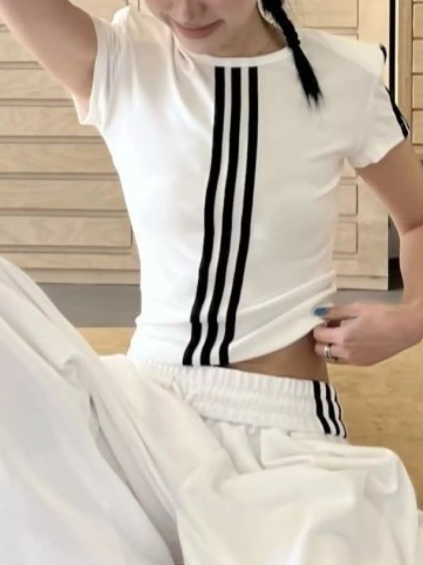 Full Size Striped Crop Top & Wide Leg Pants Set Plus Size