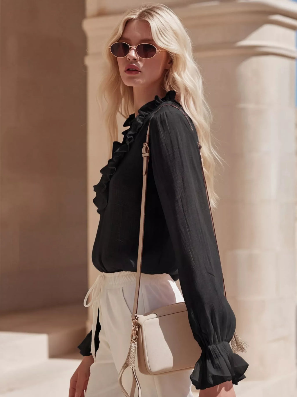 Ruffled V-Neck Long Sleeve Blouse