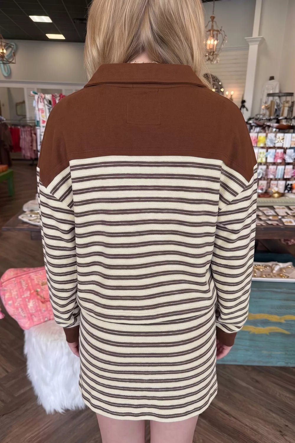 Stripe Contrast Trim Button Neck Long Sleeve Top Drawstring Mini Skirt Set