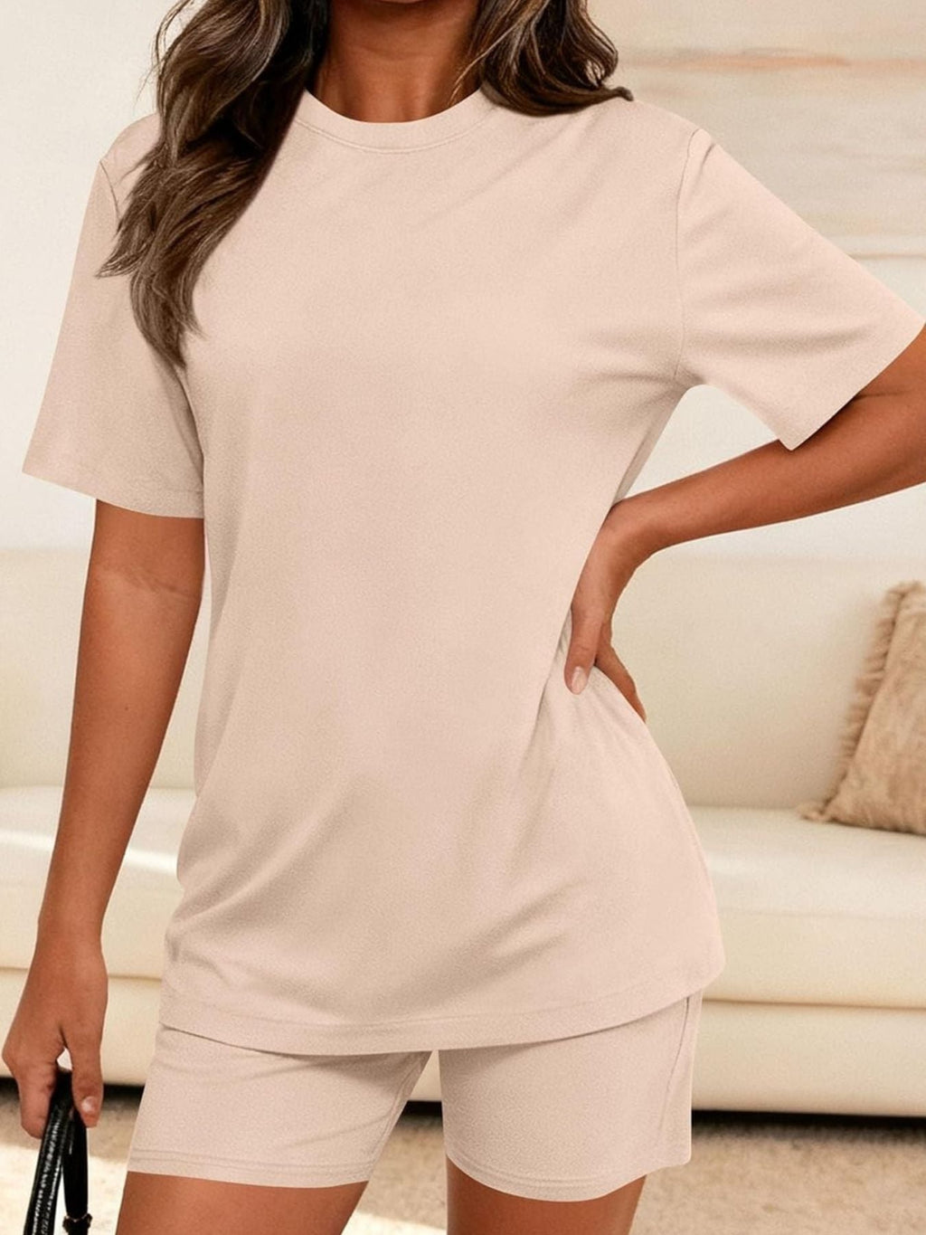 Round Neck Short Sleeve Top and Shorts Set