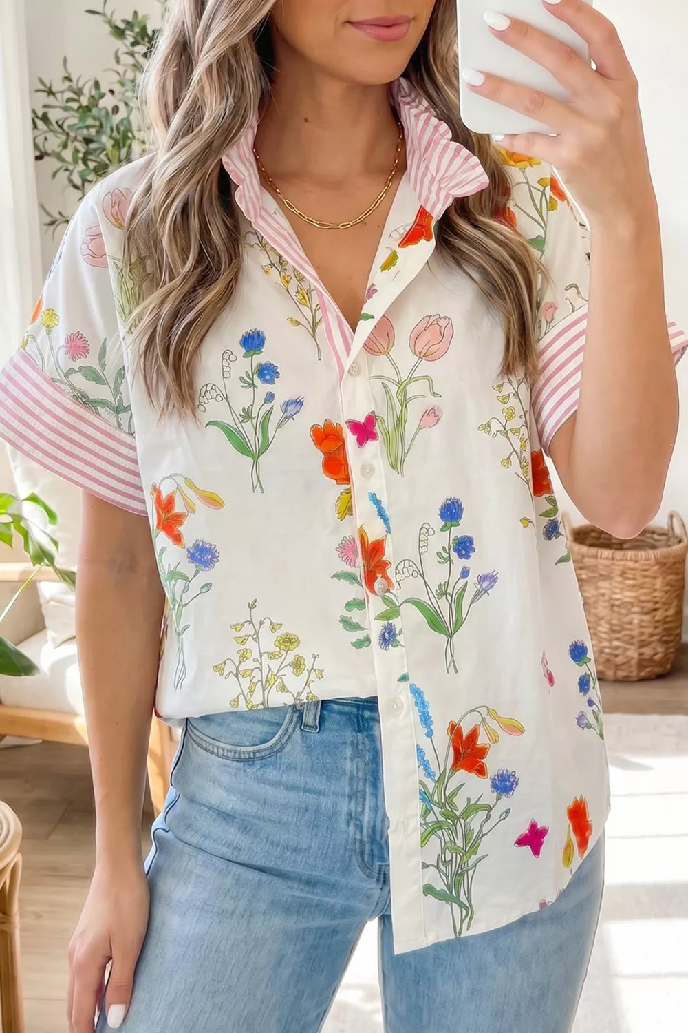 Floral Striped Patchwork Ruffled Collar Short Sleeve Shirt