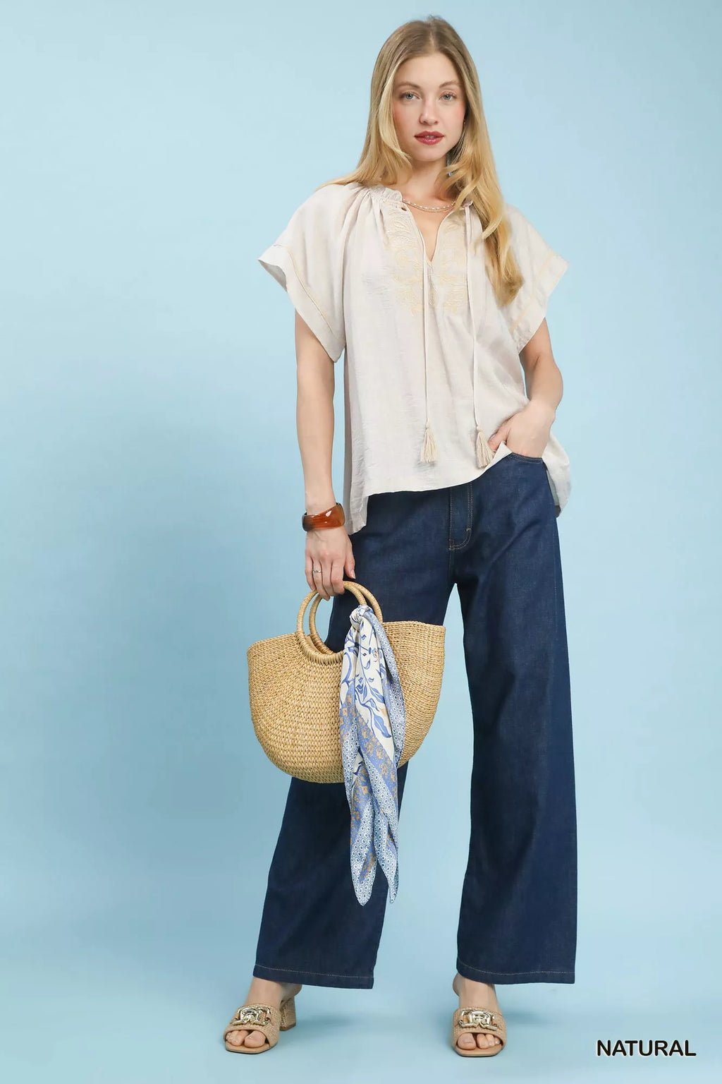 Umgee Embroidered Boho Blouse with Tassel Tie