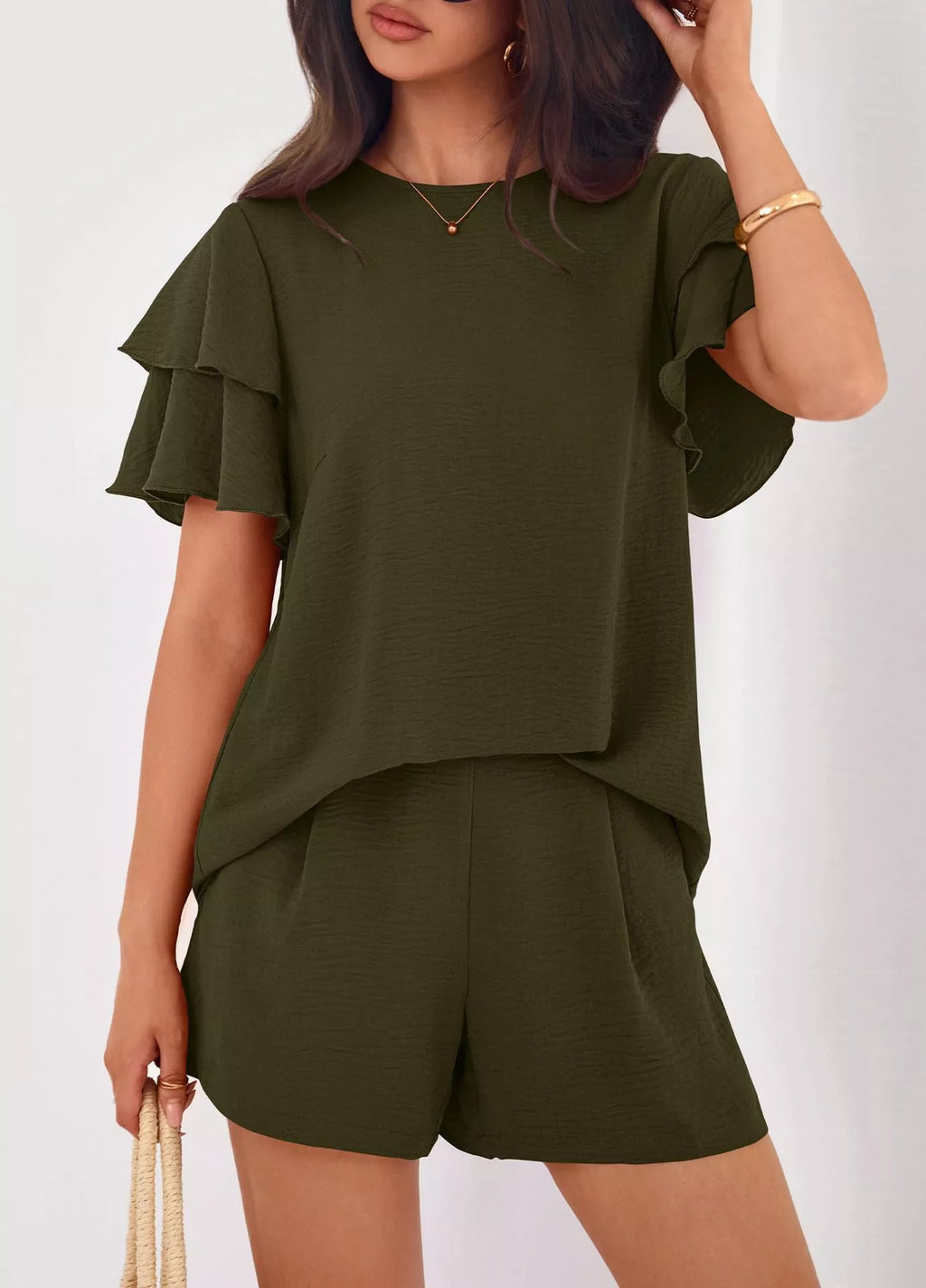 Ruffle Sleeve Top and Shorts Two-Piece Set