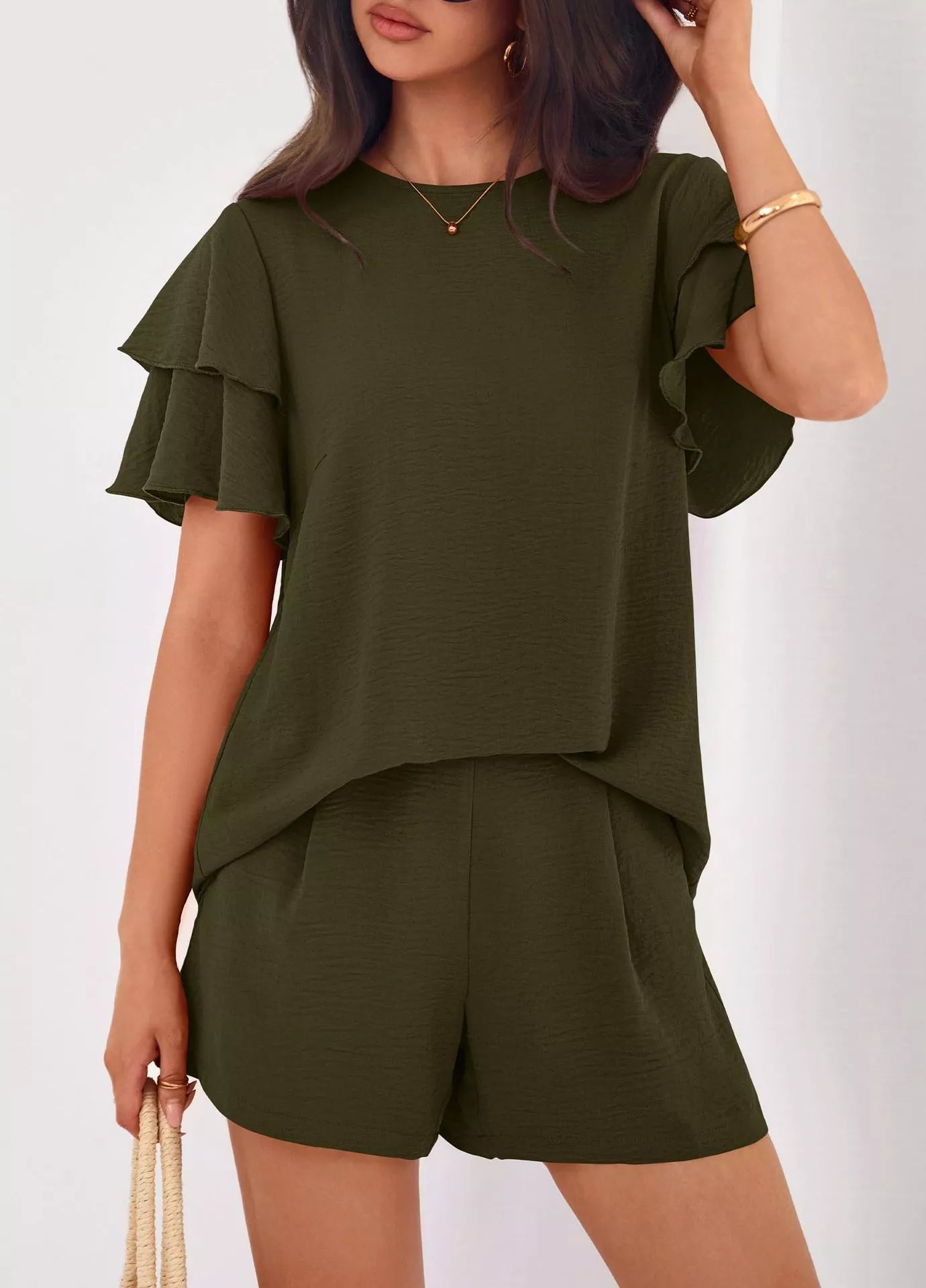 Ruffle Sleeve Top and Shorts Two-Piece Set