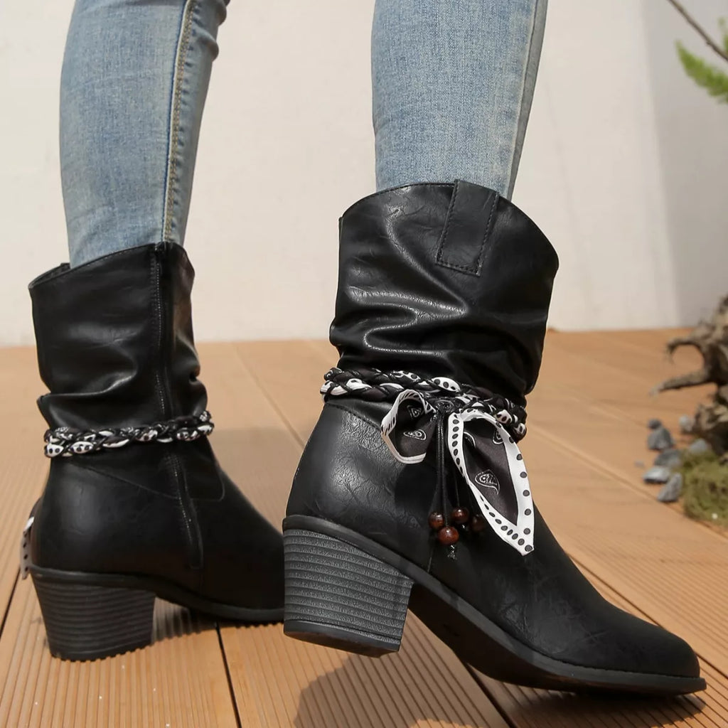 Braided Detail Western Boots with Block Heels