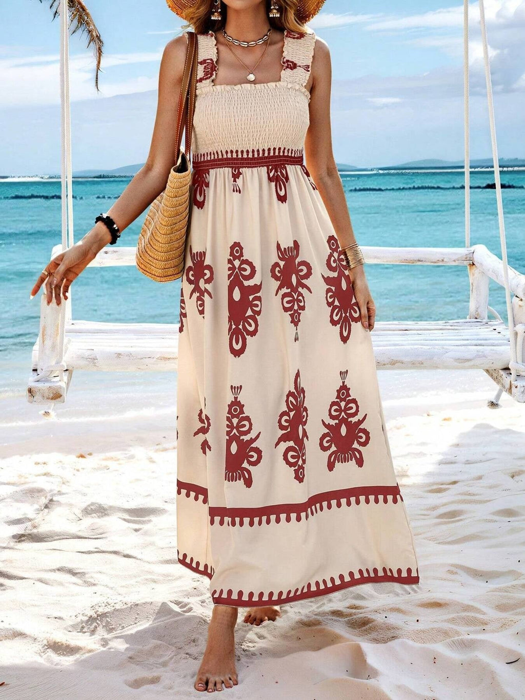 Smocked Bodice Colorful Print Tank Dress