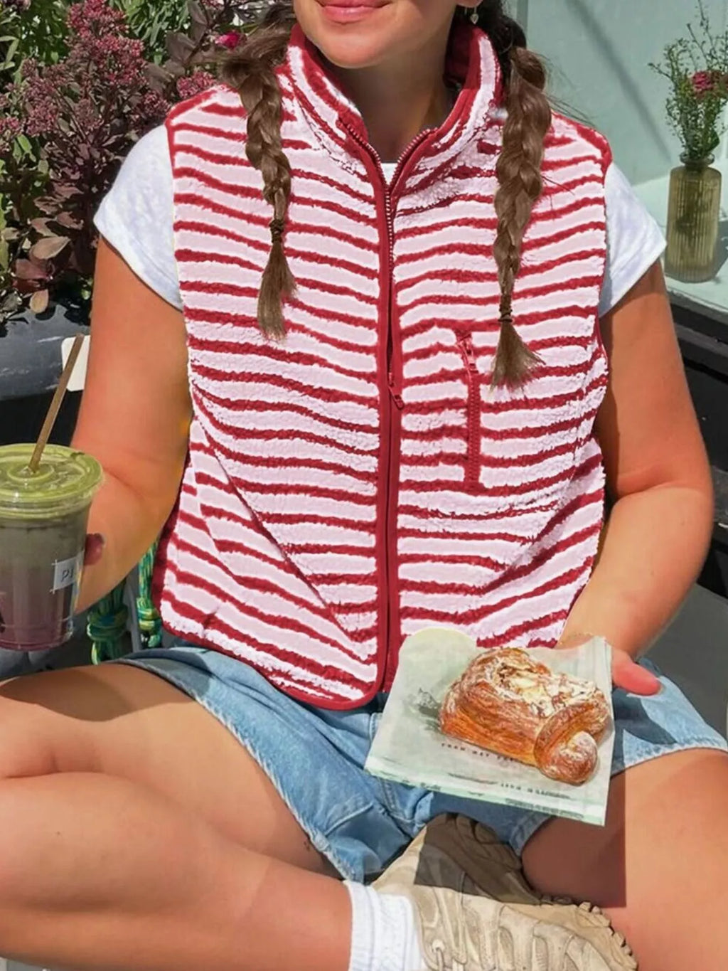 Striped Fleece Zip-Up Vest Coat