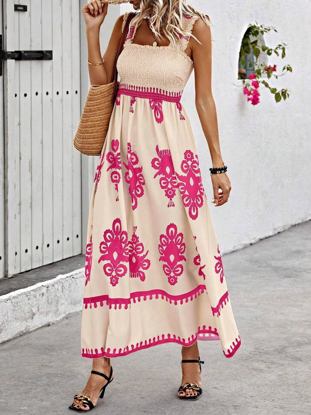 Smocked Bodice Colorful Print Tank Dress