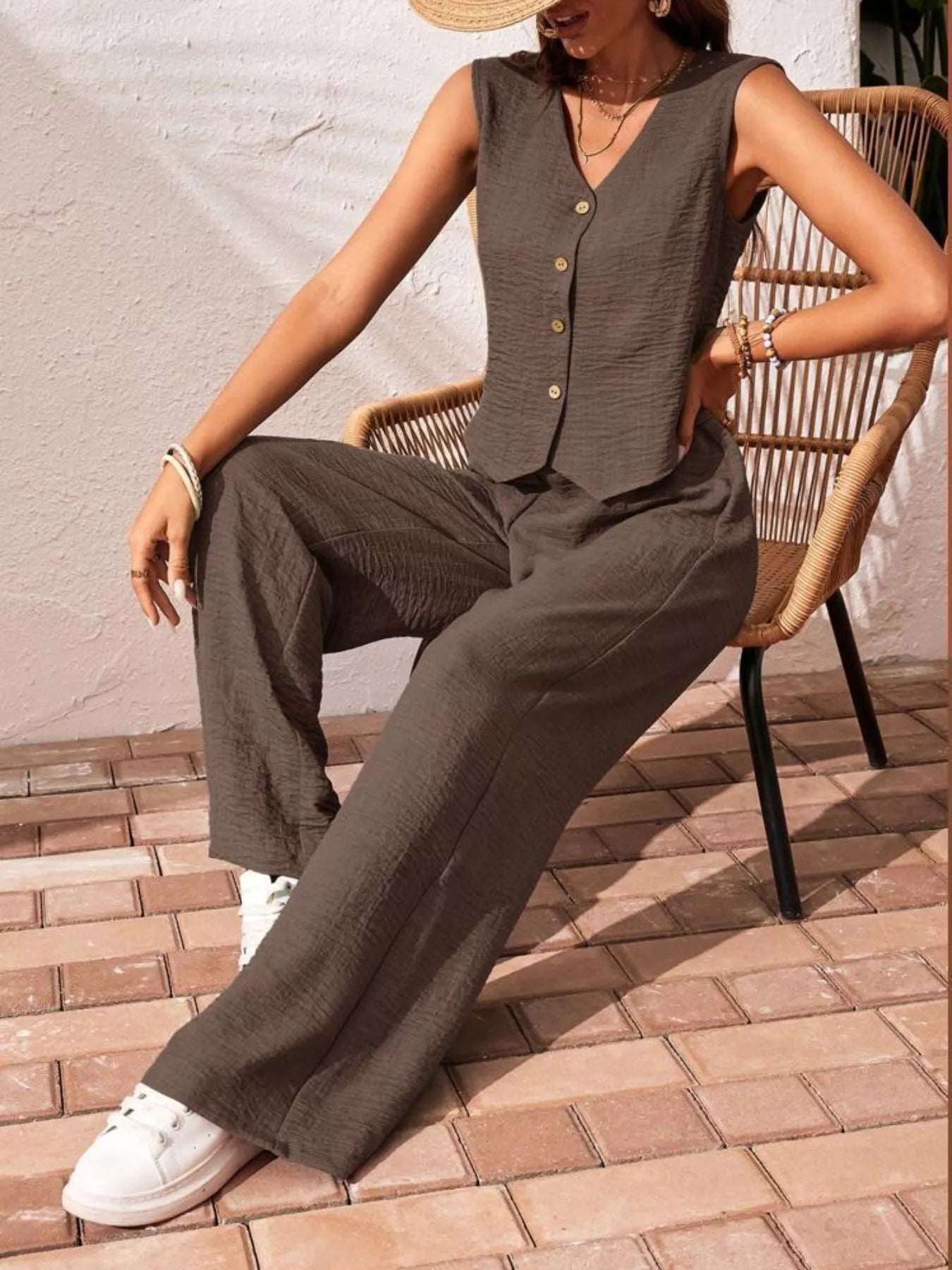 Button-Down Vest & Wide Leg Pants Set