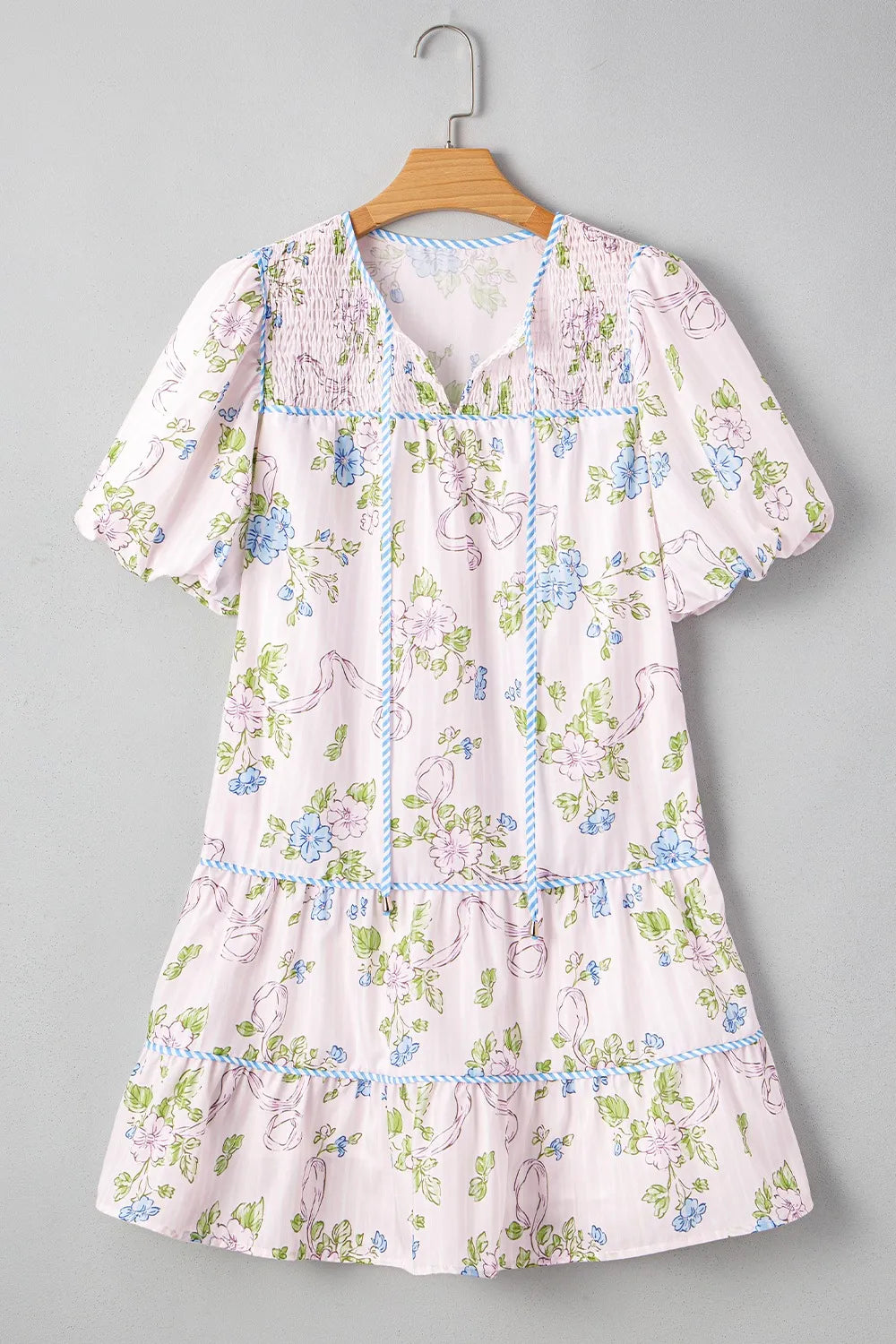Printed Tie Neck Short Sleeve Mini Dress